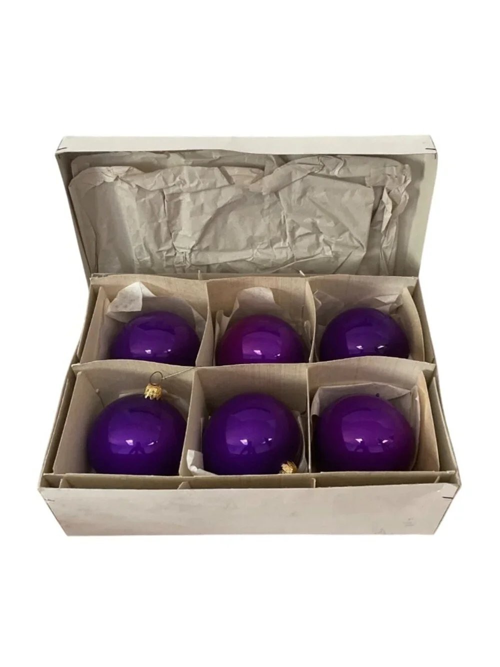 Vintage Purple Glass Christmas Ornaments Made In Germany Set Of 6 w Box 4 Inch